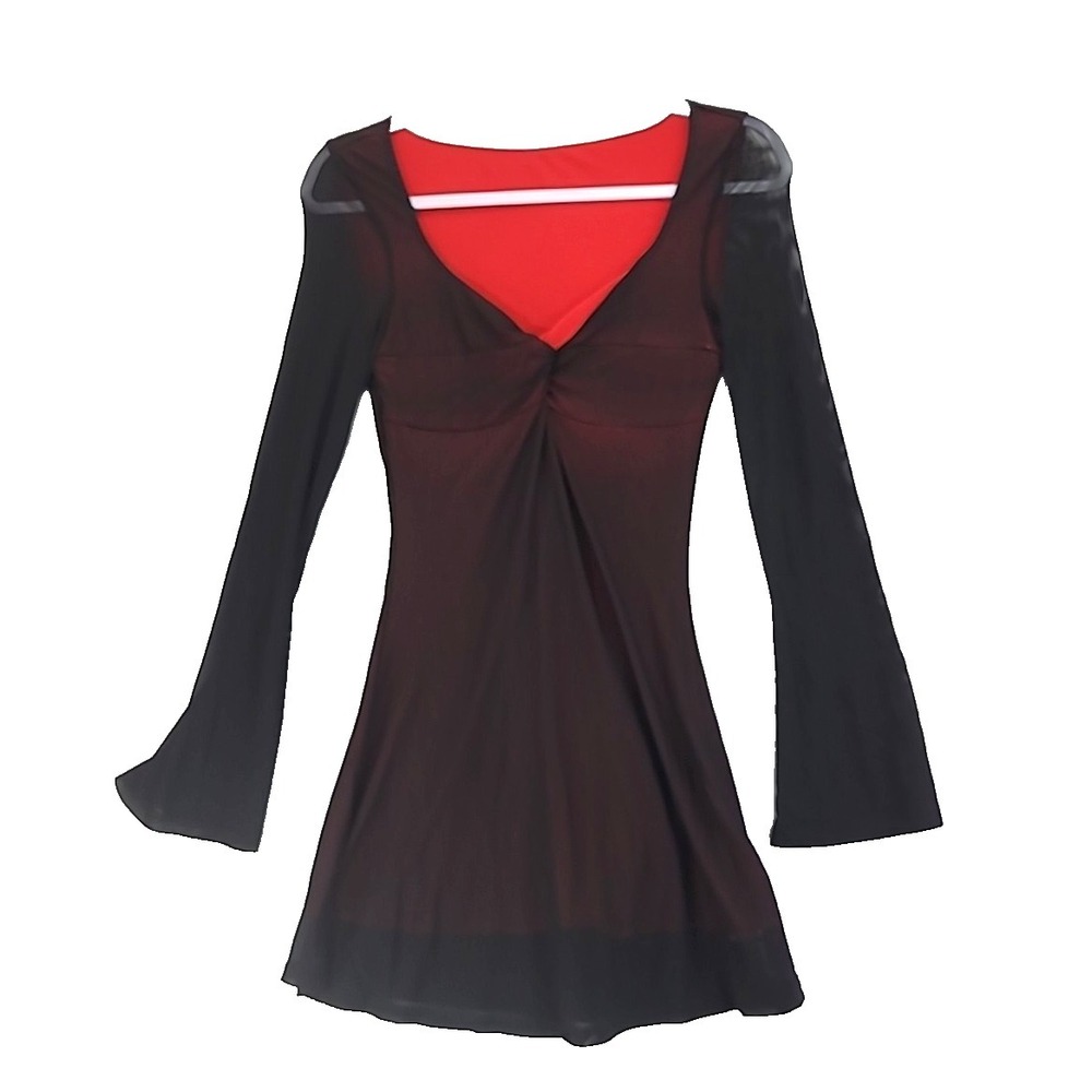 Sm Goth Mini Dress Black Body Red Lining Chiffon Bell Sleeves